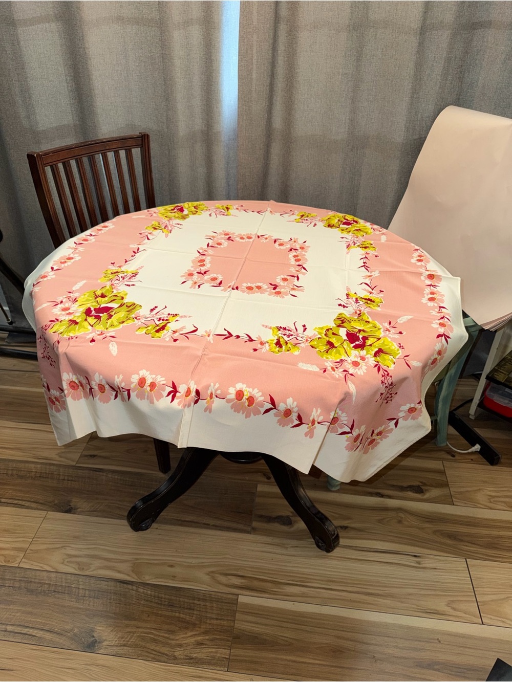 Vintage Floral Tablecloth Gorgeous Chartreuse , Cranberry and Orange - Picture 2 of 5